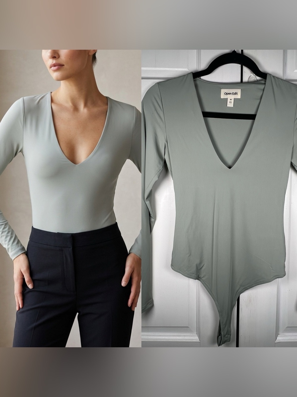 Nordstrom Open Edit Smooth V-neck Bodysuit In Green Halo Size Small